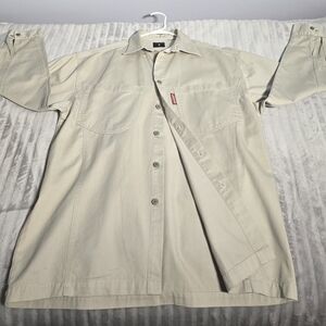 Vntg‎ Levis Shirt Mens M Beige brass Button Up Red Tab Twill Work. 544